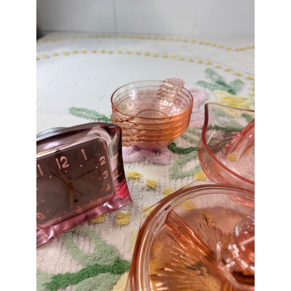 Vintage Pink Depression Glass Set Gilbert Clock Sunkist Juicer Candy Dish 13 pc - Picture 8 of 16